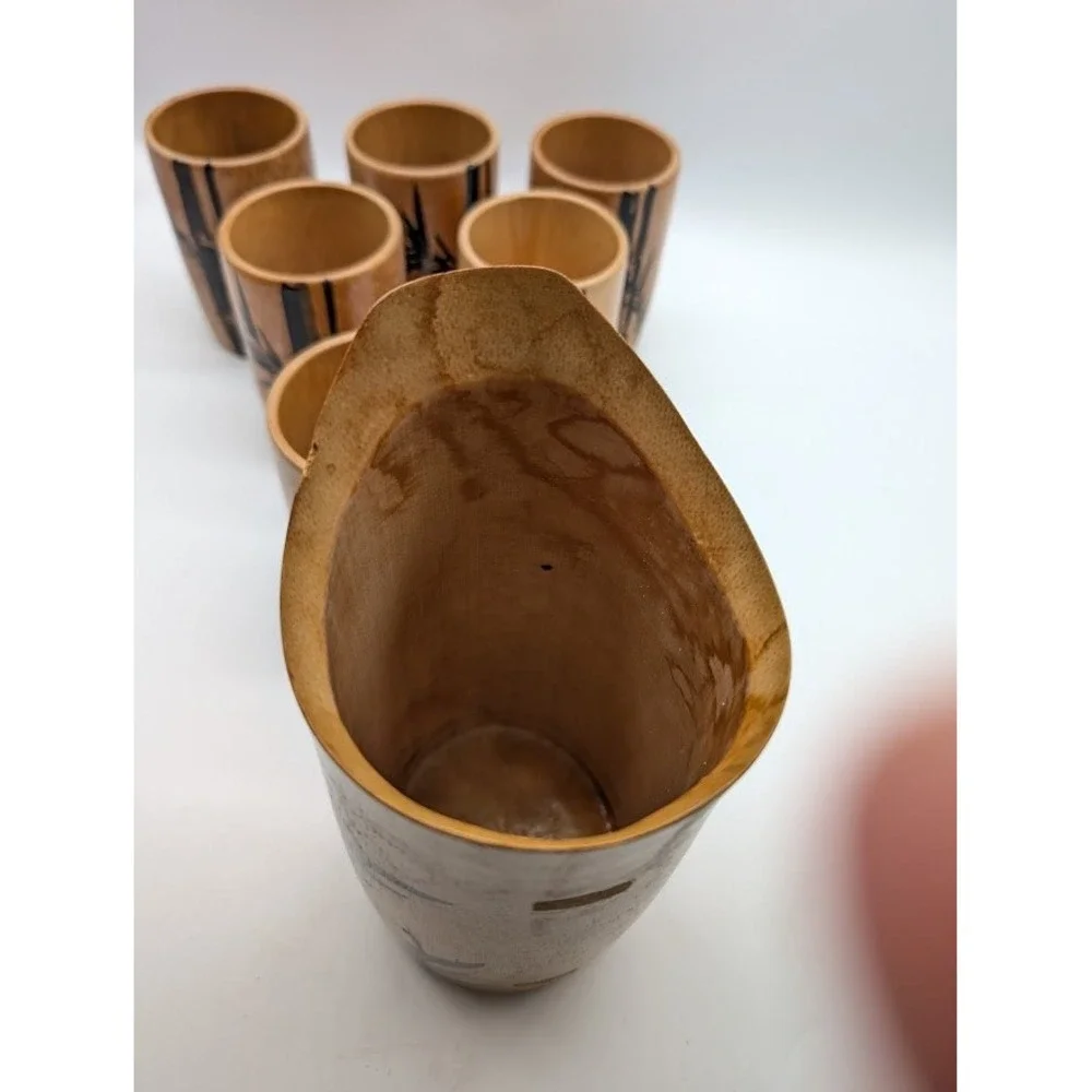 7 Set Vtg Natural Bamboo Cups Pitcher Hand Painted Made in Japan MCM Bar Tiki